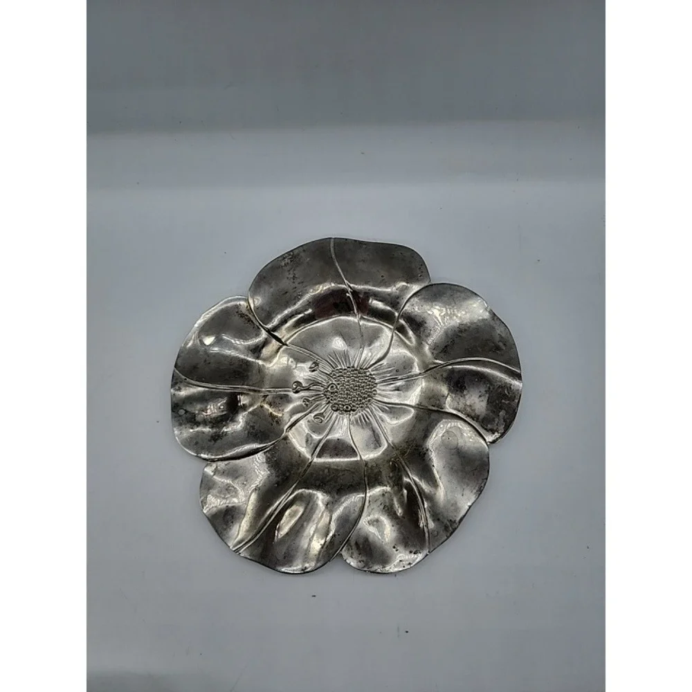 Vintage Silver Tone Poppy Flower Trinket Dish Decorative Metal Floral Tray 7.25